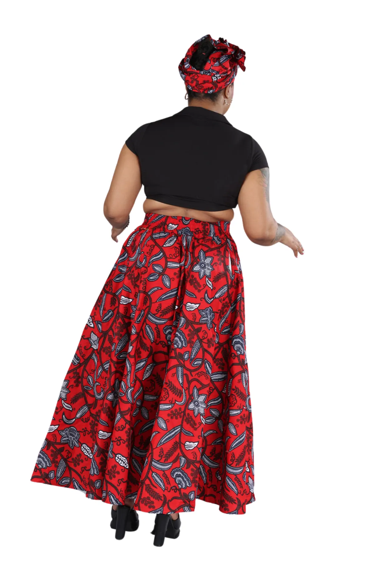 AFRICAN RED ABSTRACT PRINTED MAXI FLARED LONG SKIRT