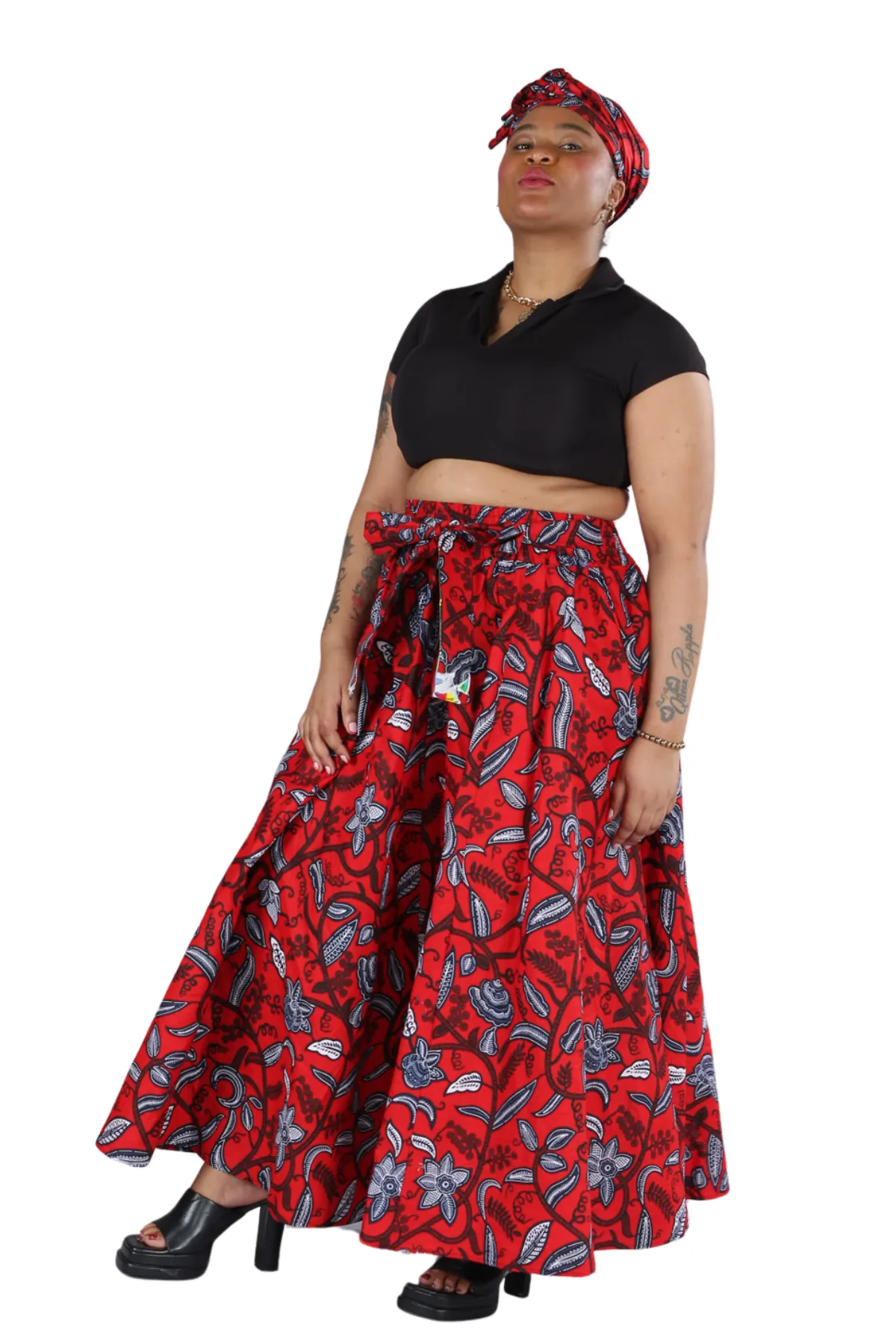 AFRICAN RED ABSTRACT PRINTED MAXI FLARED LONG SKIRT