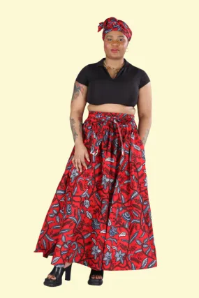 AFRICAN RED ABSTRACT PRINTED MAXI FLARED LONG SKIRT