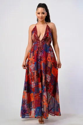 Boho Print Sequin Trim Maxi Dress