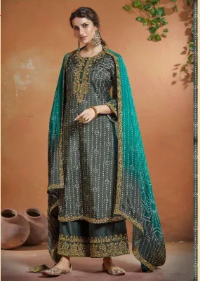 Ethnic Grey Long Bandhani Style Party Wear Dress