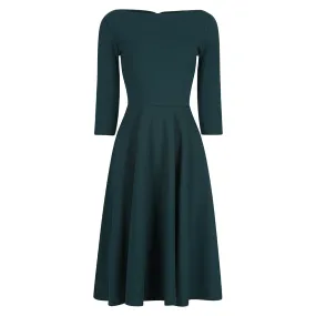 Forest Green Audrey 1950s Style 3/4 Sleeve Swing Dress