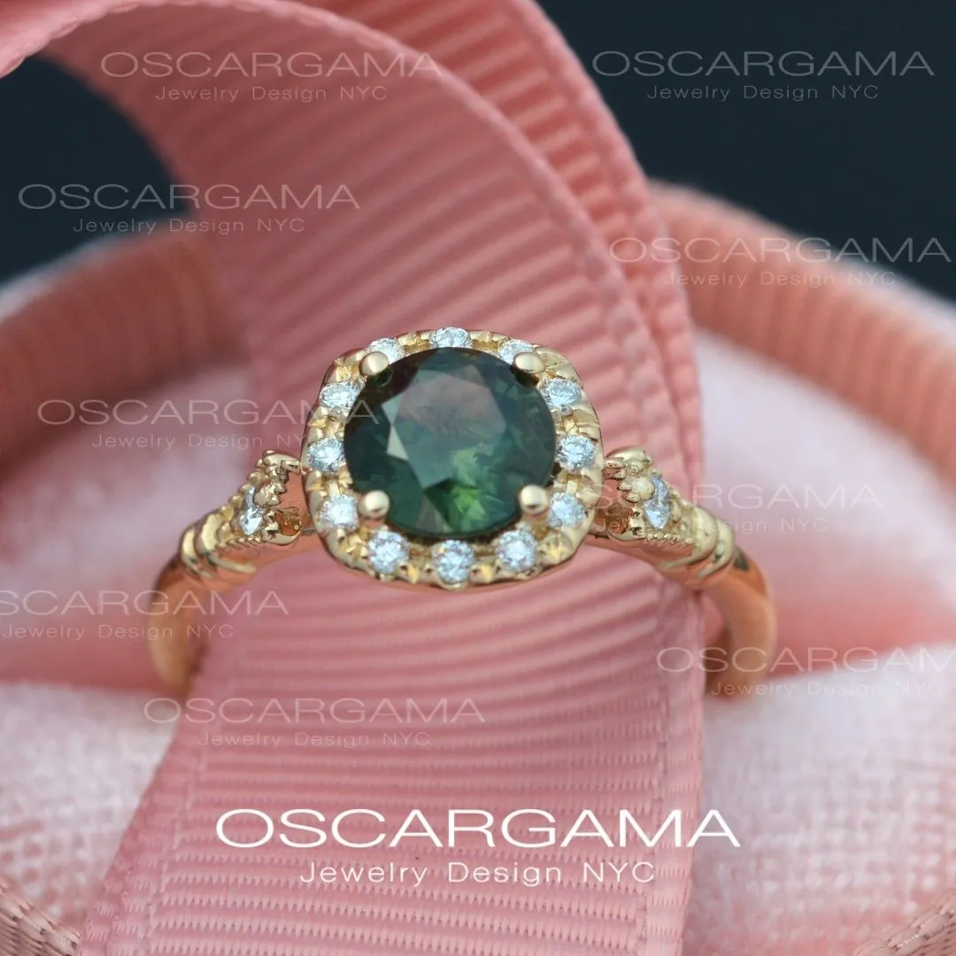 Jazzlyn Montana Green Sapphire Cushion Style Halo Engagement Ring