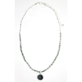 Round Druzy Pendant And Glass Bead Silver Necklace